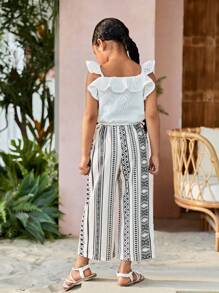SHEIN Niñas ribete con fruncido Top & con estampado geométrico Pantalones - Blanco y Negro - Ver 2