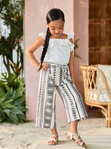 SHEIN Niñas ribete con fruncido Top & con estampado geométrico Pantalones - Blanco y Negro - Ver 3