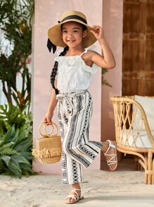 SHEIN Niñas ribete con fruncido Top & con estampado geométrico Pantalones - Blanco y Negro - Ver 6