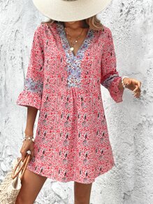 SHEIN VCAY 滿版印花荷葉袖娃娃裙 - 彩色 - 查看 5