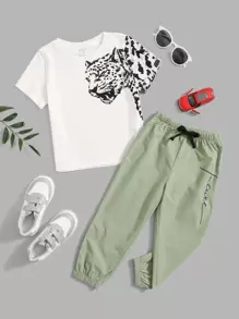 SHEIN Toddler Boys Leopard Print Tee & Drawstring Waist Trousers - Multicolor - View 1
