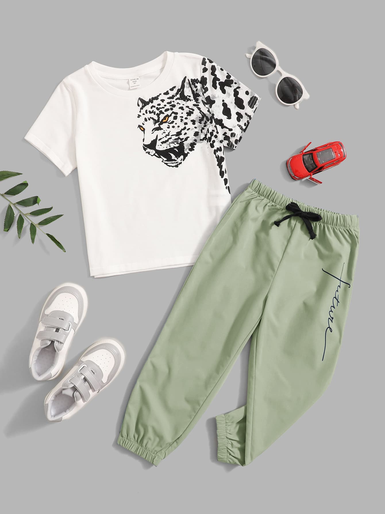 SHEIN Toddler Boys Leopard Print Tee & Drawstring Waist Trousers - Multicolor - View 1