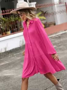 SHEIN LUNE Đầm Viên lá sen Nút phía trước màu trơn Dễ thương - Màu Hồng Tươi - Xem 3