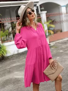 SHEIN LUNE Đầm Viên lá sen Nút phía trước màu trơn Dễ thương - Màu Hồng Tươi - Xem 5