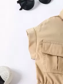 SHEIN Young Girl Khaki Colored Elegant Minimalist Jumpsuit With Flap Collar And Batwing Sleeves, Summer,Holiday,Summer,Travel