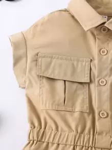 SHEIN Young Girl Khaki Colored Elegant Minimalist Jumpsuit With Flap Collar And Batwing Sleeves, Summer,Holiday,Summer,Travel