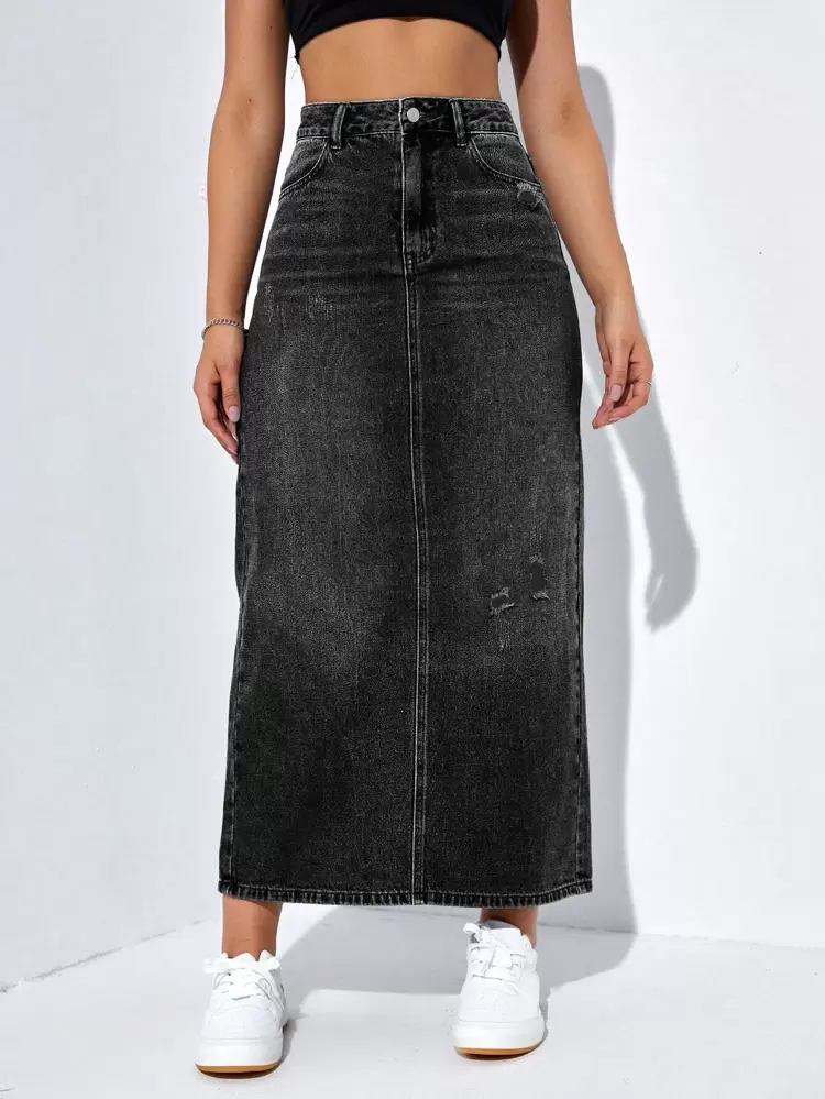 High Waist Ripped Split Back Denim Skirt