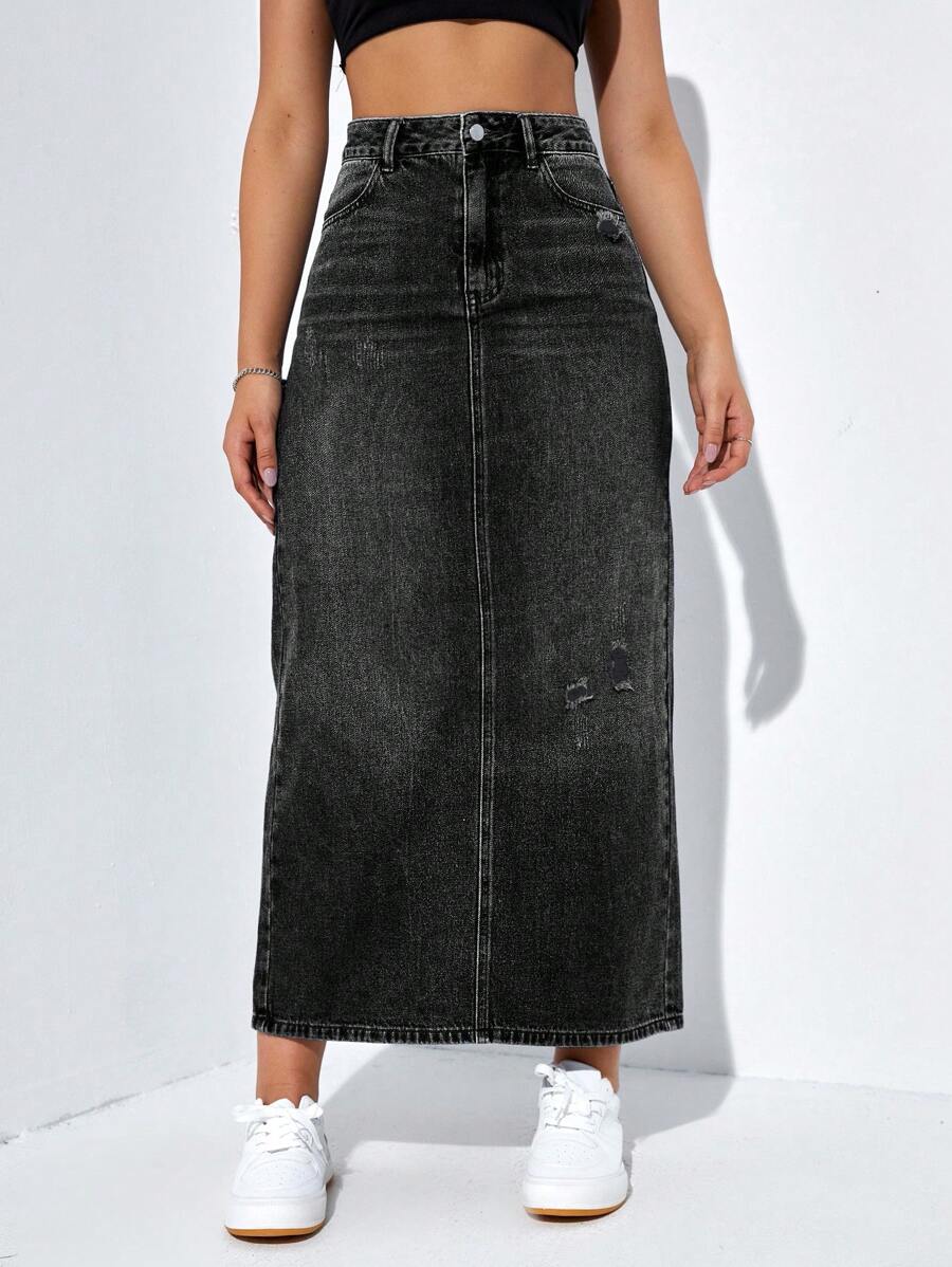 SHEIN EZwear High Waist Ripped Split Back Denim Skirt - Black - View 1
