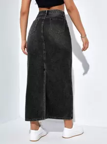 SHEIN EZwear High Waist Ripped Split Back Denim Skirt - Black - View 2
