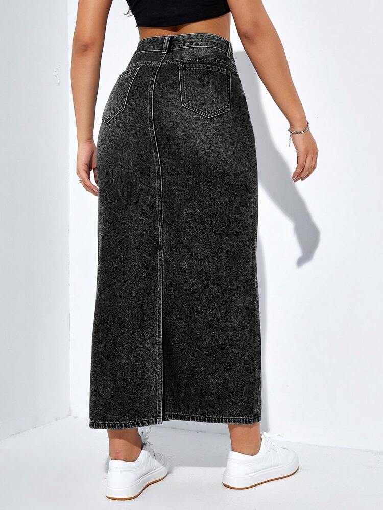 High Waist Ripped Split Back Denim Skirt