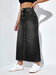 SHEIN EZwear High Waist Ripped Split Back Denim Skirt - Black - View 3