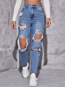 SHEIN EZwear 高腰破洞牛仔褲 - 中等水洗藍 - 查看 4