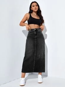SHEIN EZwear High Waist Ripped Split Back Denim Skirt - Black - View 4