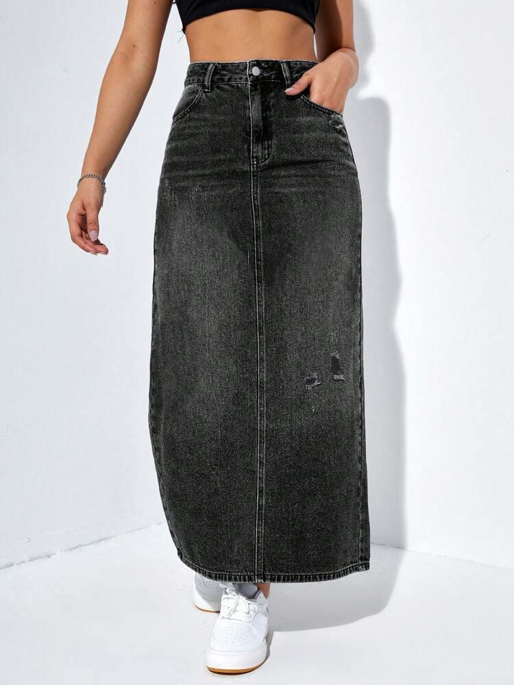High Waist Ripped Split Back Denim Skirt