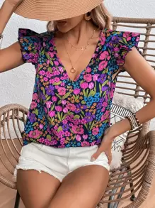 SHEIN Clasi Blusa con estampado floral ribete con fruncido
