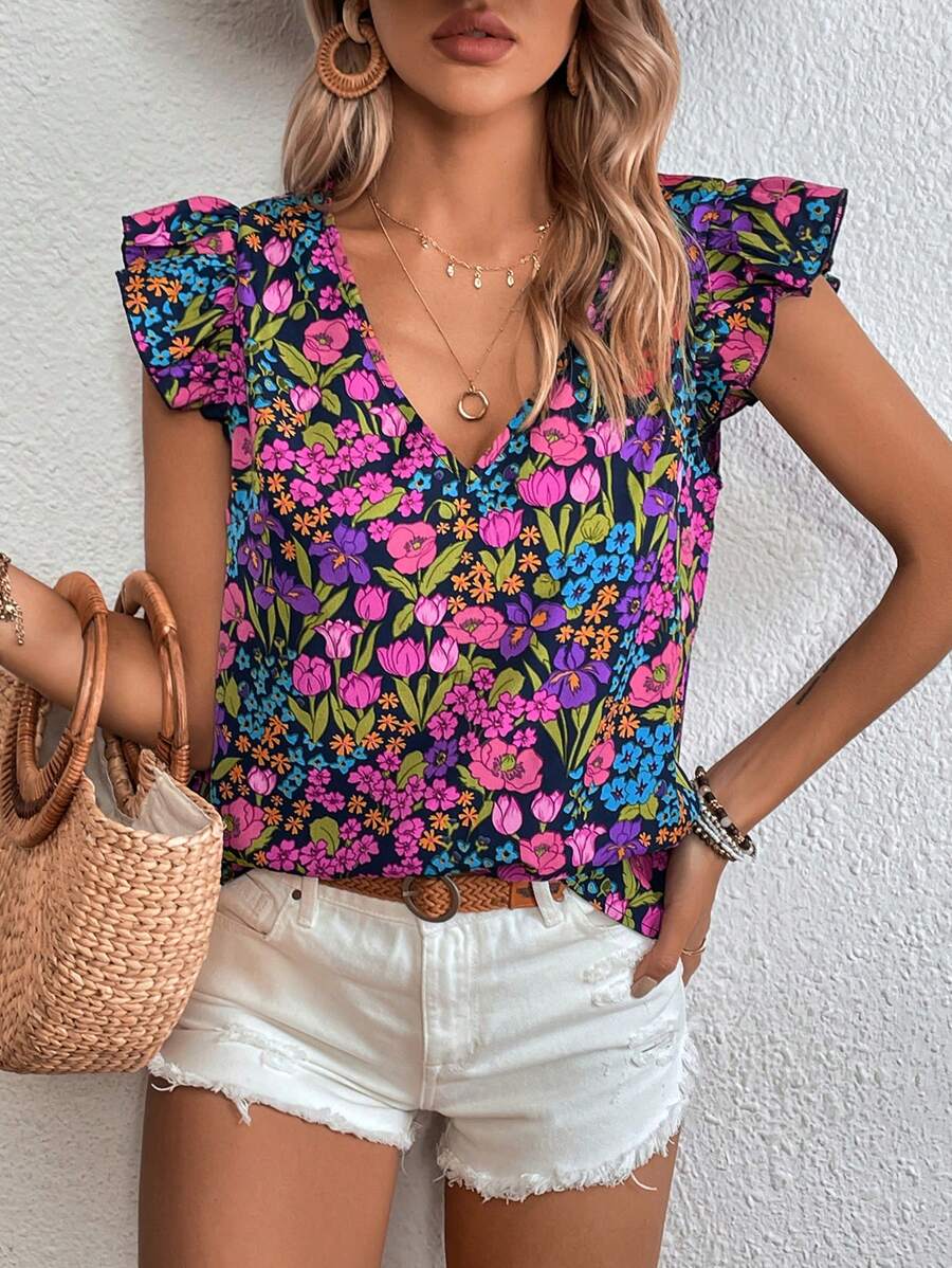 SHEIN Clasi Blusa con estampado floral ribete con fruncido