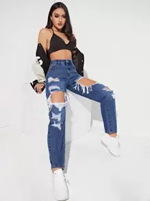 SHEIN EZwear High Waist Ripped Cut Out Mom Fit Jeans - Dark Wash - View 1