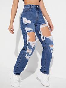 SHEIN EZwear High Waist Ripped Cut Out Mom Fit Jeans - Dark Wash - View 2