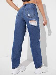 SHEIN EZwear High Waist Ripped Cut Out Mom Fit Jeans - Dark Wash - View 3