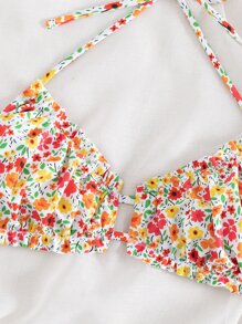 Swim Mod Summer Beach Ditsy Floral Print Halter Bikini Top - Multicolor - View 4