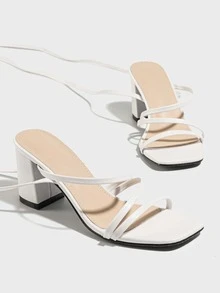 時尚白色涼鞋適用於女士腿部繫帶設計粗跟綁帶涼鞋 - 白色 - 查看 4