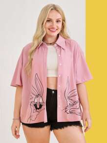 LOONEY TUNES X SHEIN Áo sơ mi Plus Size Nút phía trước Hoạt hình Slogan Giải trí - Bụi hồng - Xem 3