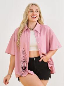 LOONEY TUNES X SHEIN Áo sơ mi Plus Size Nút phía trước Hoạt hình Slogan Giải trí - Bụi hồng - Xem 5
