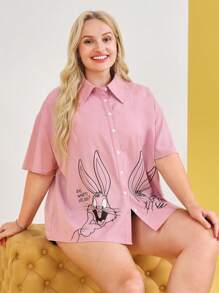 LOONEY TUNES X SHEIN Áo sơ mi Plus Size Nút phía trước Hoạt hình Slogan Giải trí - Bụi hồng - Xem 7