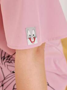 LOONEY TUNES X SHEIN Áo sơ mi Plus Size Nút phía trước Hoạt hình Slogan Giải trí - Bụi hồng - Xem 8