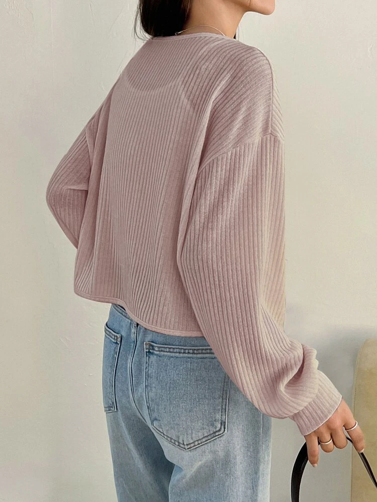 DAZY Drop Shoulder Tie Front Ribbed Knit Tee - Dusty Pink - View 2