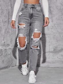SHEIN EZwear High Waist Ripped Mom Fit Jeans - Grey - View 2