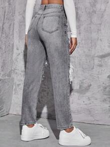 SHEIN EZwear High Waist Ripped Mom Fit Jeans - Grey - View 3