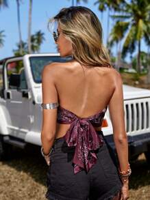 SHEIN VCAY Áo nữ Bất đối xứng Thắt nút Paisley Boho - Màu Tím - Xem 2