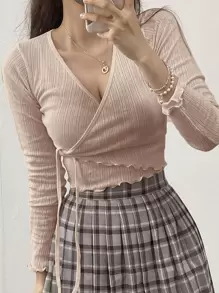 DAZY 生菜边结饰侧裹式 T 恤，秋季服装长袖女式上衣 - 卡其色 - 查看 1