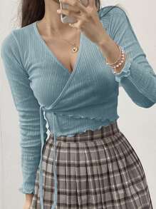 DAZY Lettuce Trim Knot Side Wrap Tee - Blue - View 1