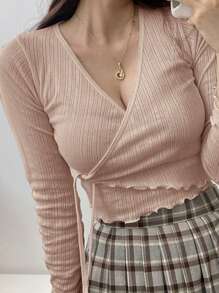 DAZY 生菜边结饰侧裹式 T 恤，秋季服装长袖女式上衣 - 卡其色 - 查看 2