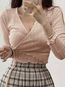 DAZY 生菜边结饰侧裹式 T 恤，秋季服装长袖女式上衣 - 卡其色 - 查看 3