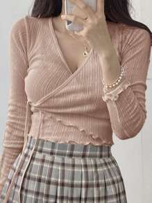 DAZY 生菜边结饰侧裹式 T 恤，秋季服装长袖女式上衣 - 卡其色 - 查看 4