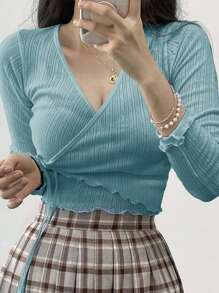 DAZY Lettuce Trim Knot Side Wrap Tee - Blue - View 3