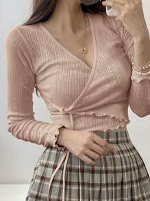 DAZY 生菜边结饰侧裹式 T 恤，秋季服装长袖女式上衣 - 卡其色 - 查看 5