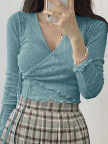 DAZY Lettuce Trim Knot Side Wrap Tee - Blue - View 4