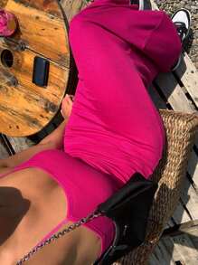 DAZY 素色吊帶連衣裙 - 玫紅色 - 查看 3