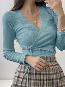 DAZY Lettuce Trim Knot Side Wrap Tee - Blue - View 5