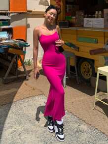 DAZY 素色吊帶連衣裙 - 玫紅色 - 查看 5