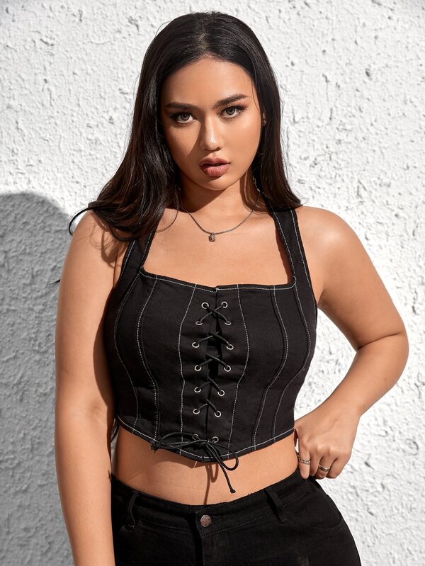 SHEIN Plus Lace Up Front Crop Denim Tank Top SHEIN USA