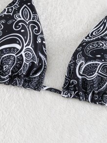 Paisley Print Halter Triangle Bikini Top, For Summer Beach Vacation - Black and White - View 5