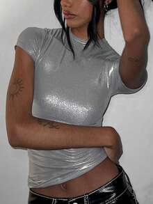 小高領金屬亮絲T恤 - 銀色 - 查看 3