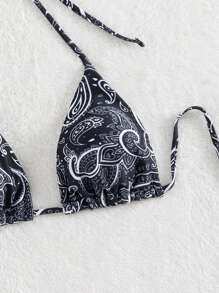 Paisley Print Halter Triangle Bikini Top, For Summer Beach Vacation - Black and White - View 6