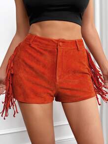 SHEIN SXY Fringe Trim Button Front Shorts - Burnt Orange - View 1