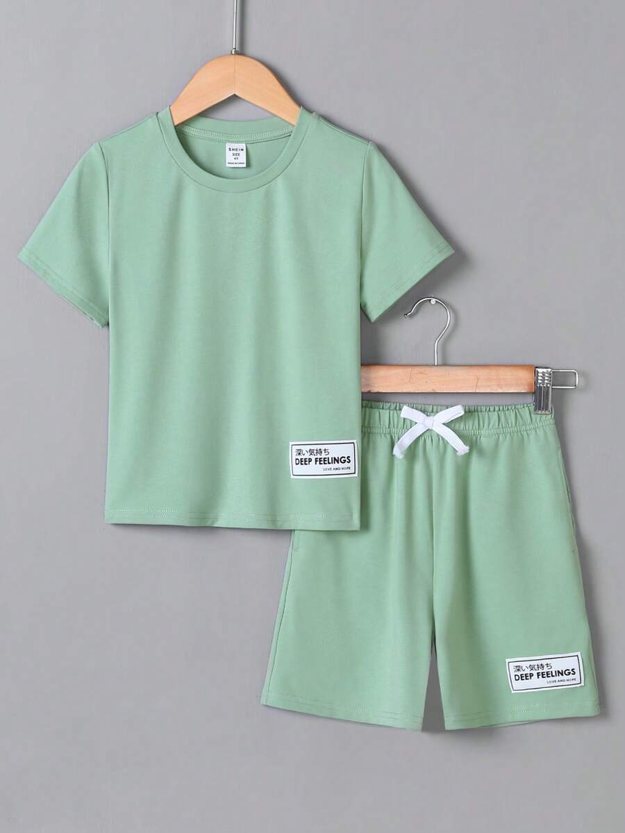 SHEIN Bộ thời trang bé trai Dây kéo Đắp vá Lá thư Giải trí - Màu xanh Bạc hà - Xem 1